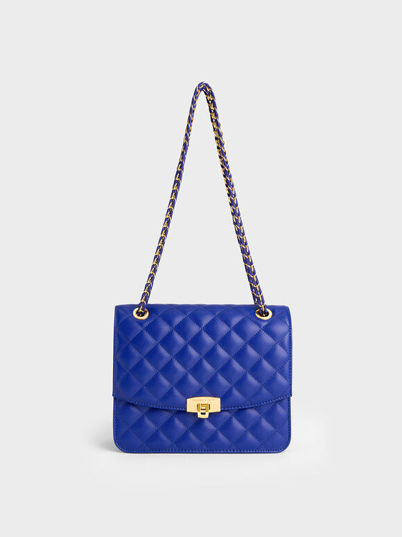 Quilted Chain Strap Clutch, Cobalt, hi-res