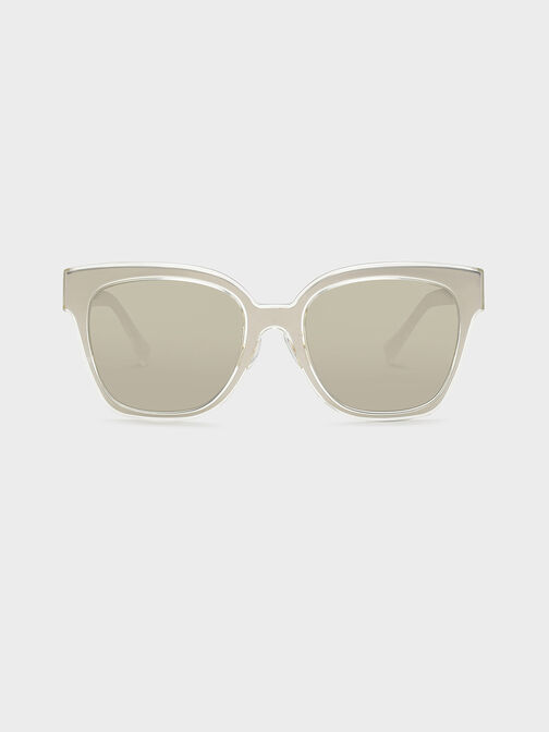 Oversized Square Metallic Accent Sunglasses, Silver, hi-res