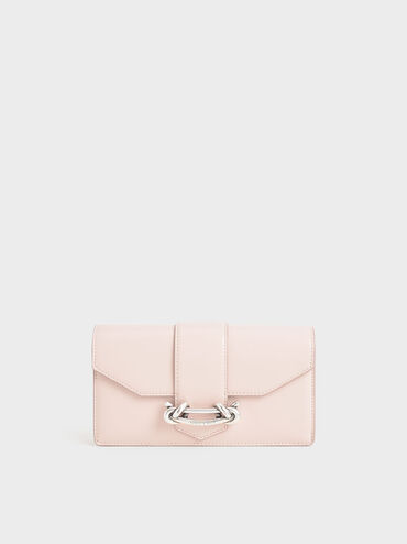 Metallic Buckle Mini Long Wallet, Light Pink, hi-res