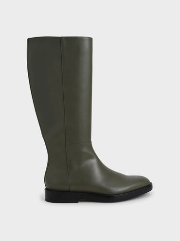 Side Zip Knee High Boots, Military Green, hi-res