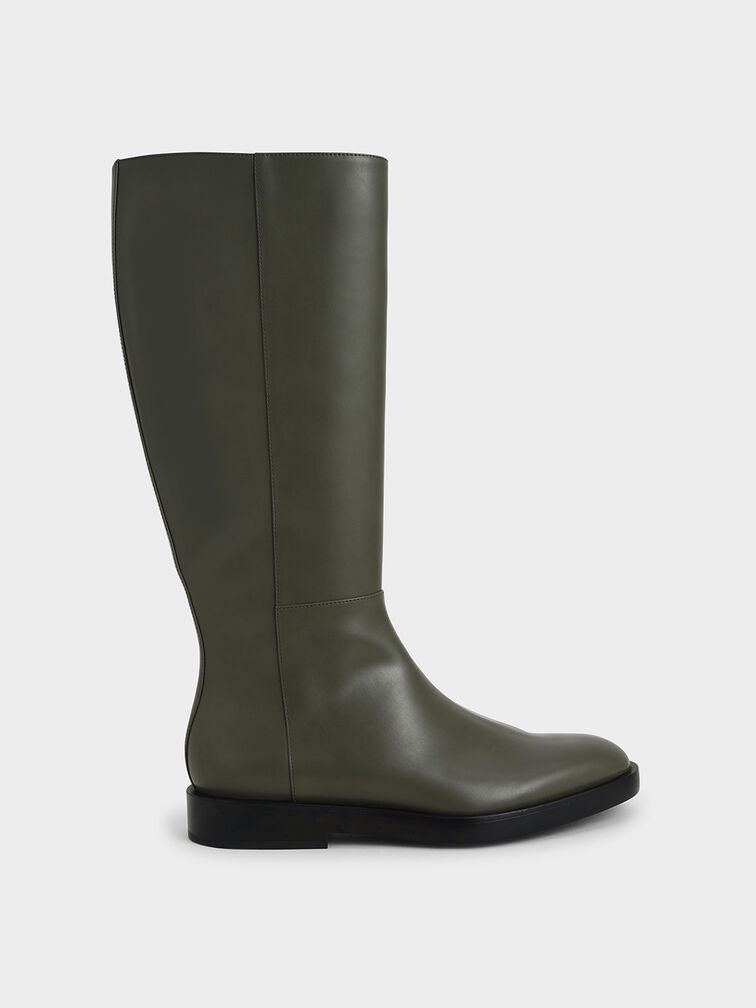 Side Zip Knee High Boots, Military Green, hi-res