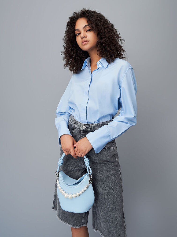Light Blue Bead-Embellished Knotted Handle Bag - CHARLES & KEITH DE