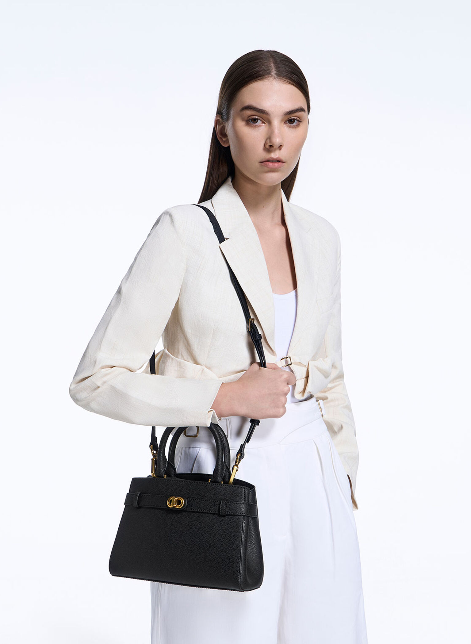 Black Aubrielle Metallic-Accent Belted Bag - CHARLES & KEITH FI