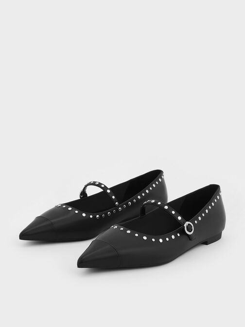 Zapatos planos Mary Jane con punta puntiaguda y tachuelas, Negro, hi-res