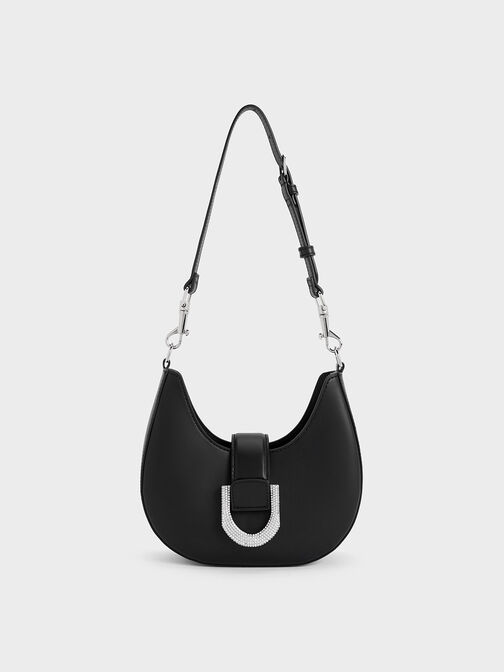 Gabine Leather Crystal-Embellished Hobo Bag, Noir, hi-res