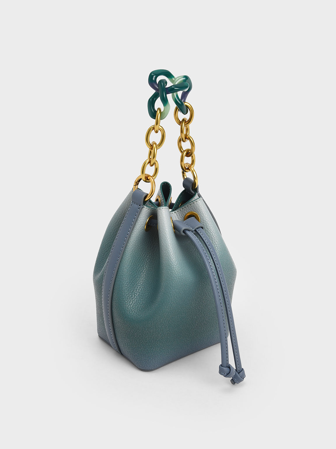 Marlowe Chain-Handle Drawstring Bucket Bag, Teal, hi-res