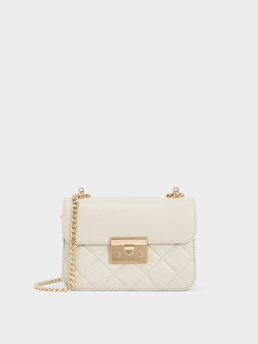 Quilted Push-Lock Chain-Handle Bag, Ivory, hi-res