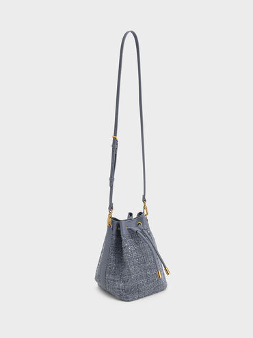 Tweed Drawstring Bucket Bag, Azul mezclilla, hi-res