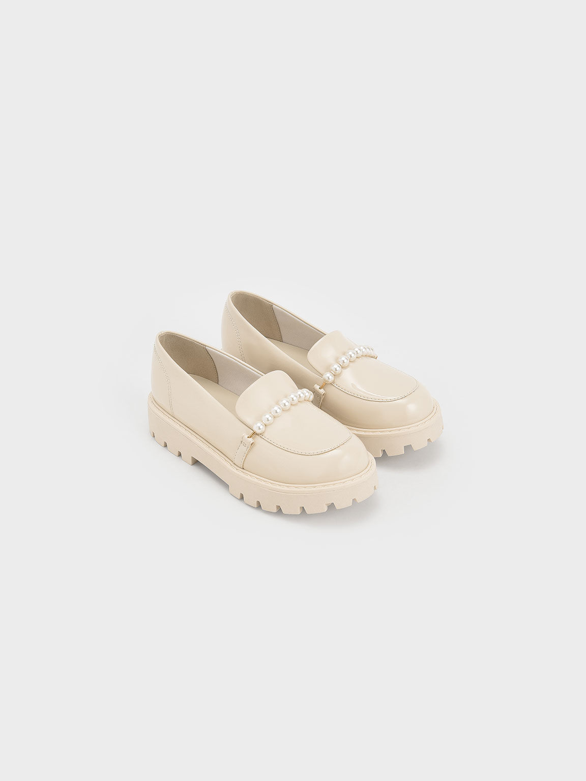 Girls' Patent Pearl-Embellished Loafers, Cream, hi-res