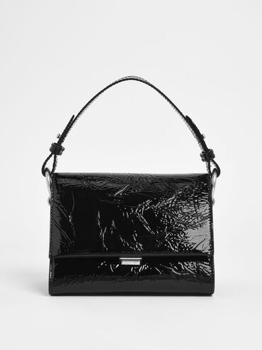 Wrinkled Patent Push Lock Handbag, Black Textured, hi-res