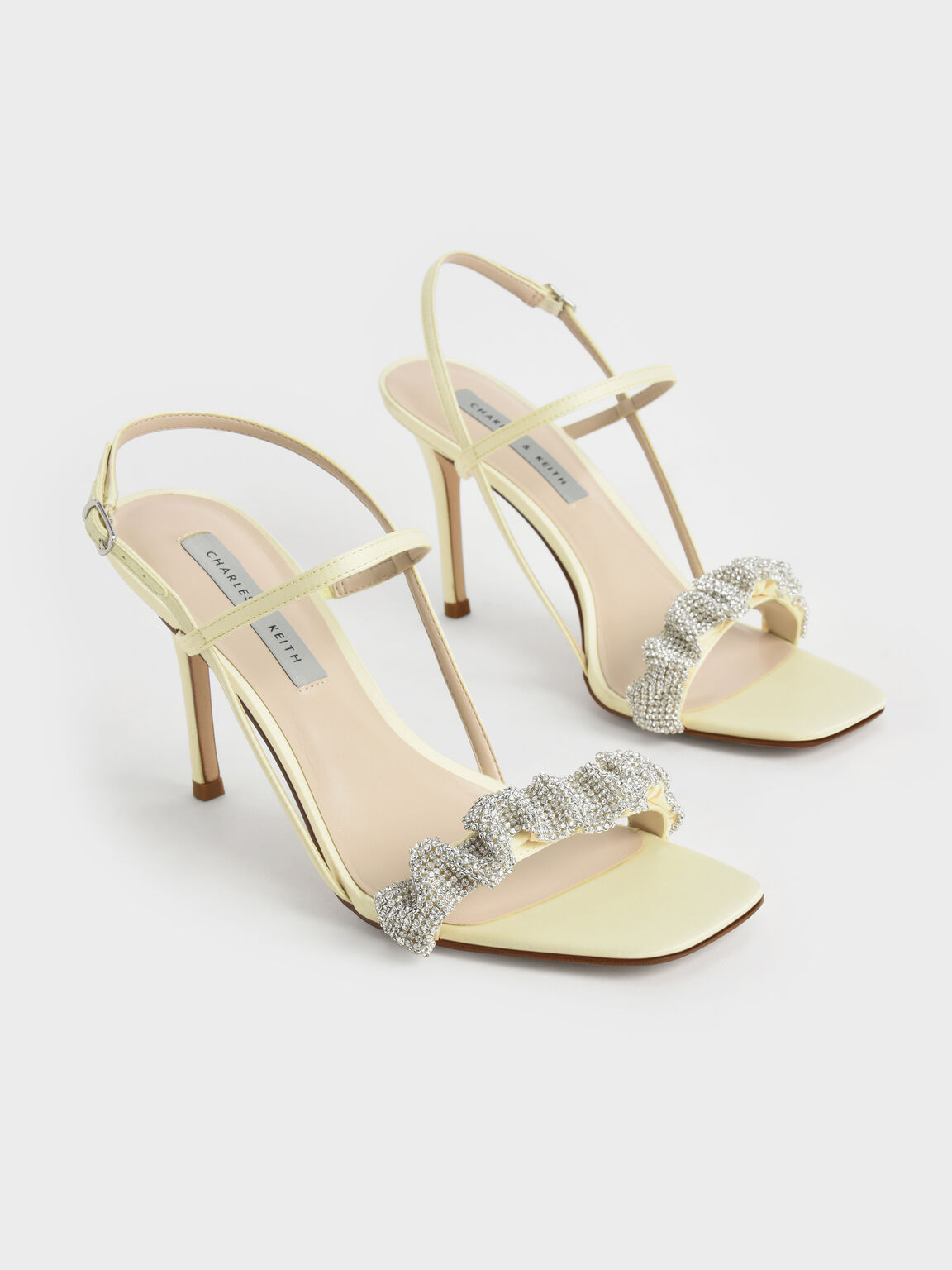 Gem-Embellished Satin Stiletto Sandals, Yellow, hi-res