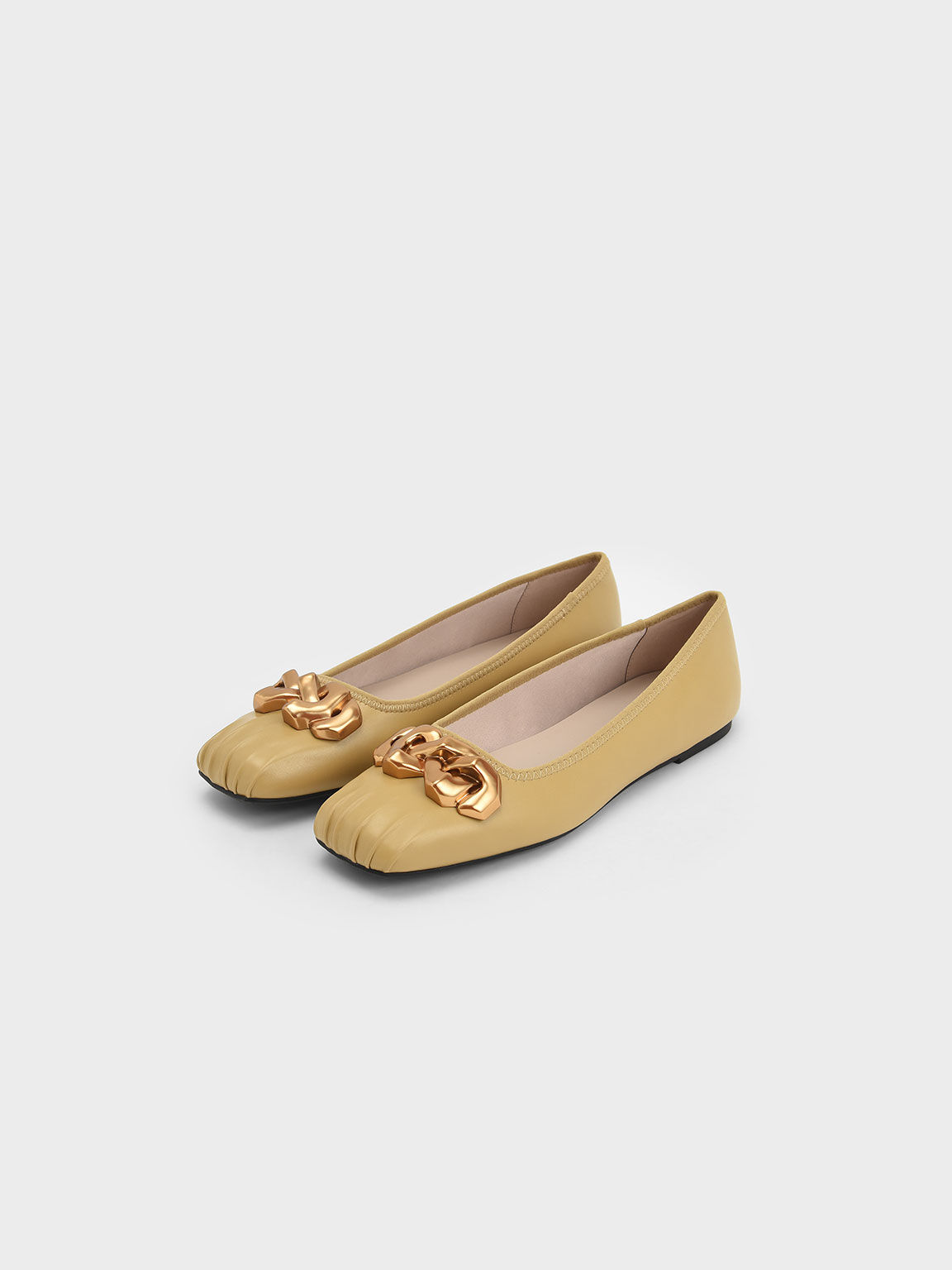 Ruched Square-Toe Chunky Chain-Link Ballerinas, Mustard, hi-res