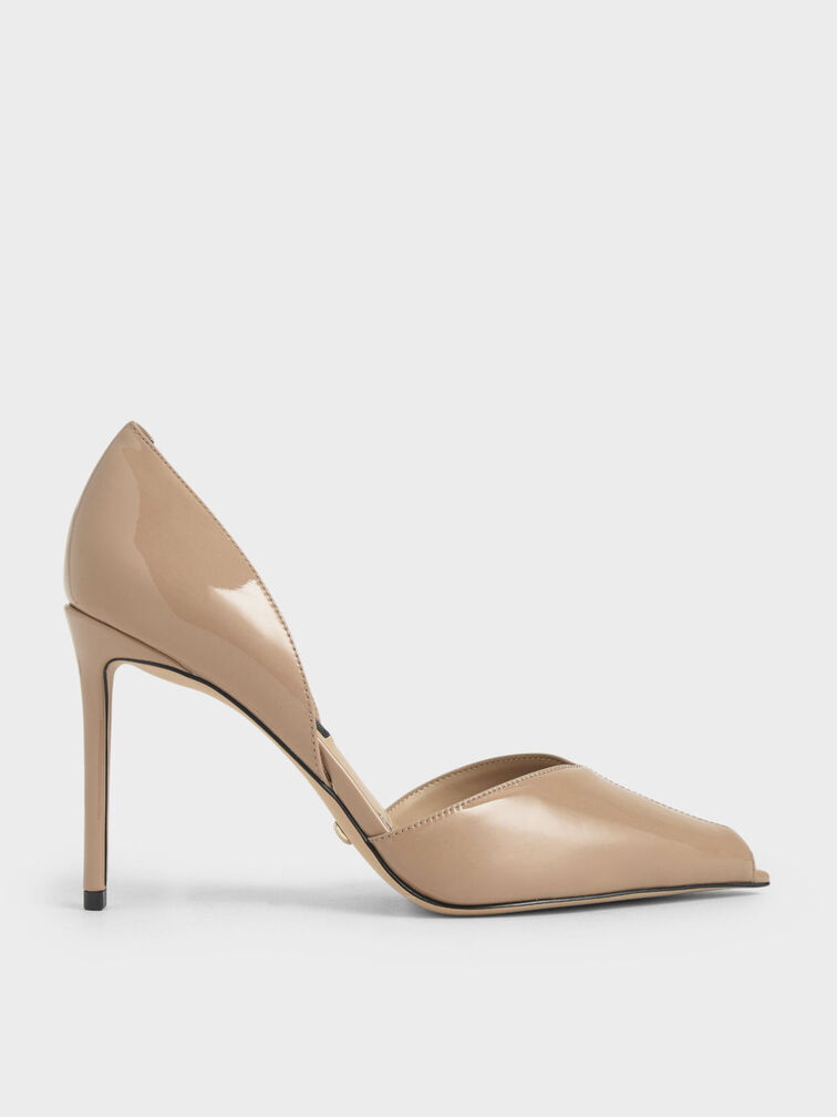 Leather Peep-Toe D&apos;Orsay Pumps, Nude, hi-res