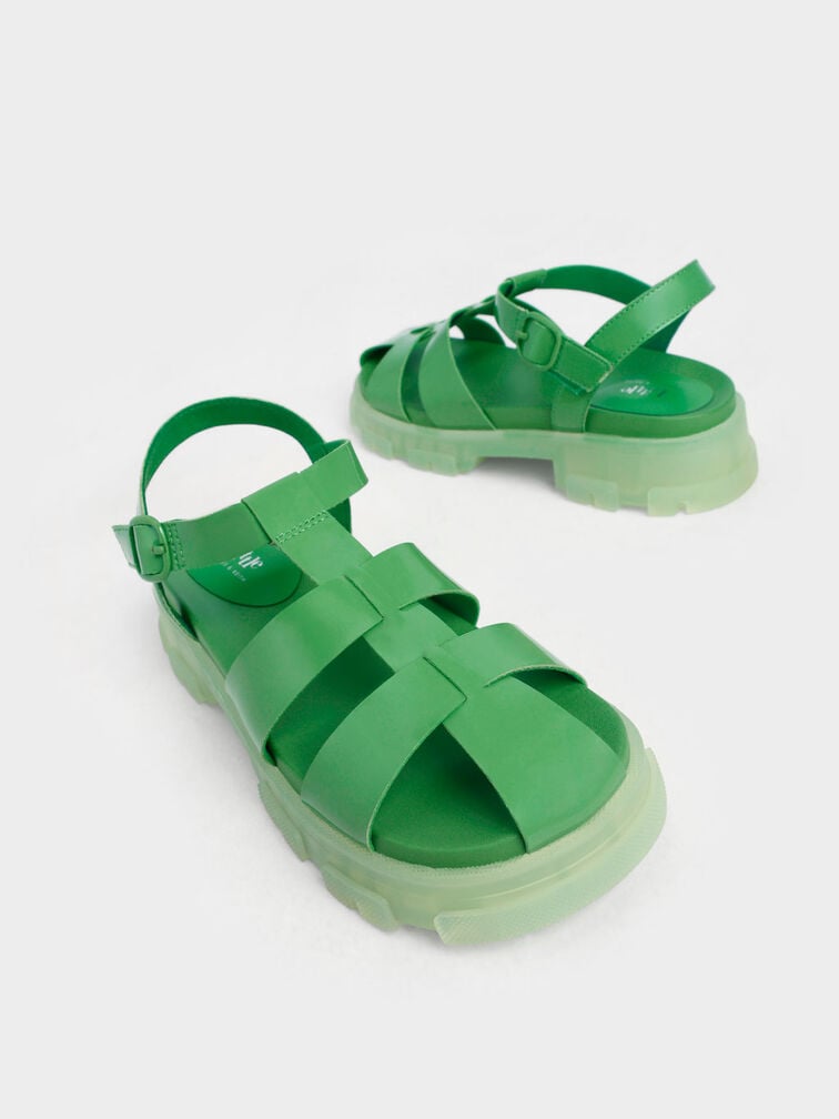 Sandalias enjauladas de charol para niñas, Verde, hi-res