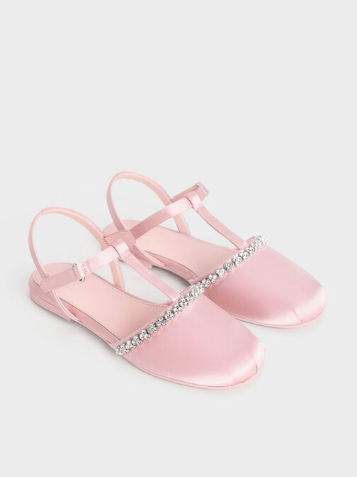 Girls' Satin Gem-Embellished T-Bar Flats, Pink, hi-res