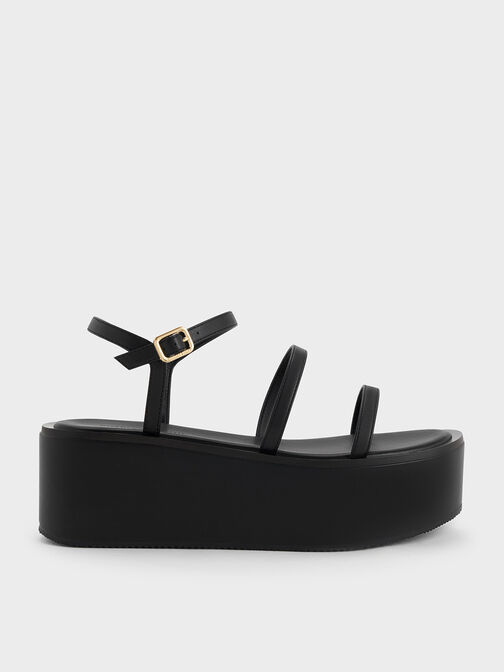 Sandalias de tiras con plataforma plana de cuña, Negro, hi-res