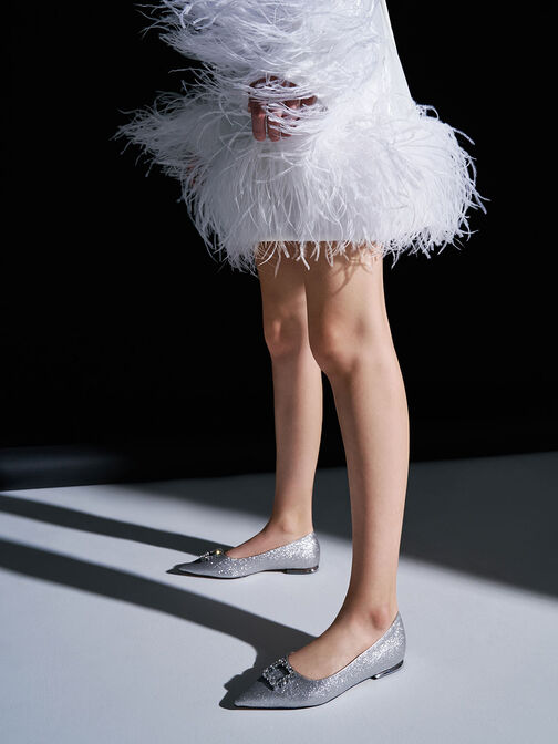 Glitter Gem-Embellished Ballerina Flats, Silver, hi-res