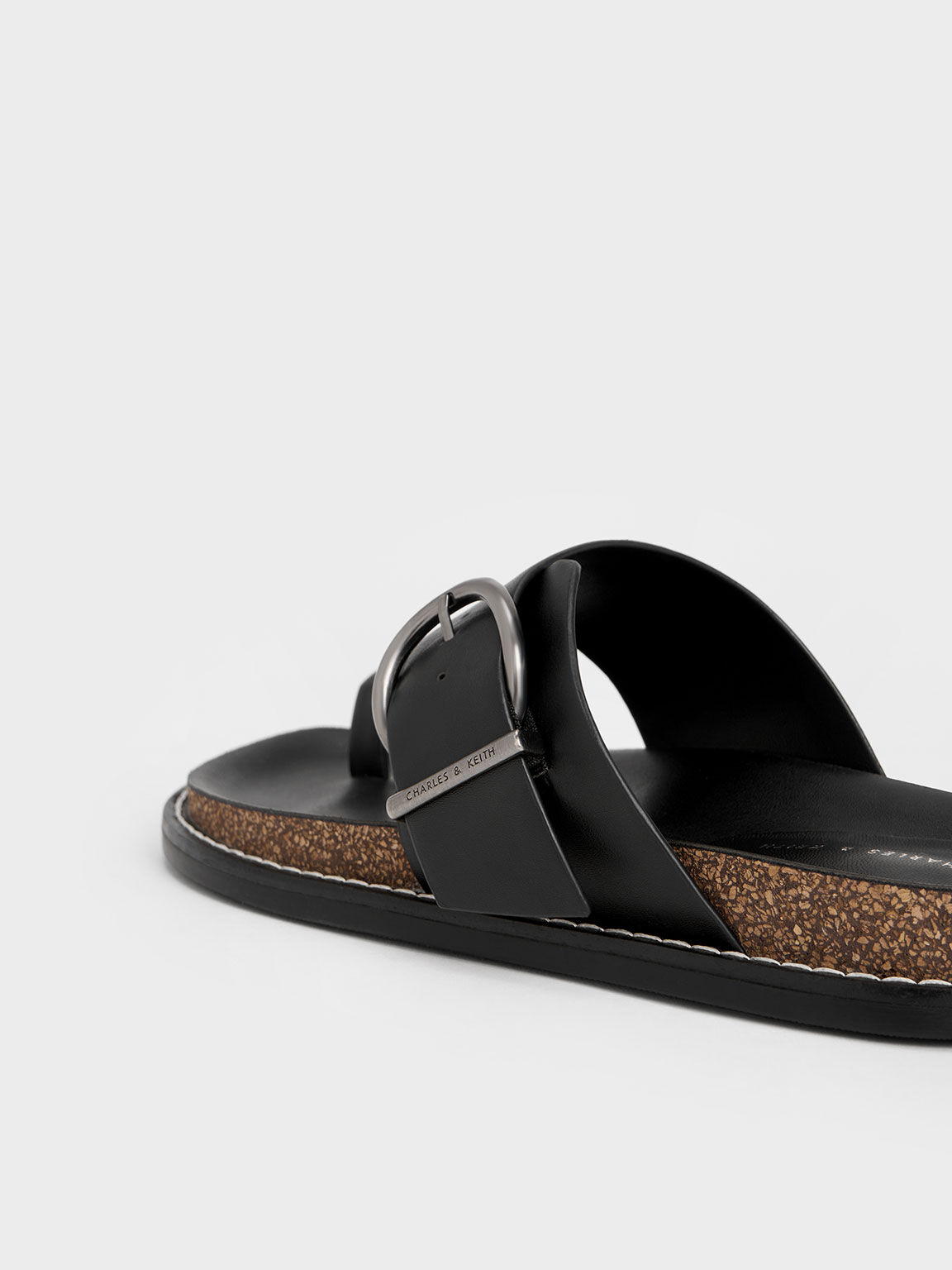 Metallic Buckle Toe-Ring Sandals, Black, hi-res