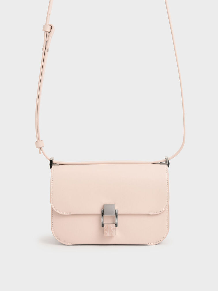 Stone-Embellished Crossbody Bag, Light Pink, hi-res