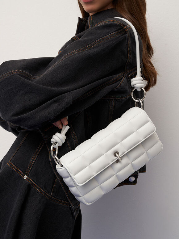 Chunky Chain Handle Quilted Shoulder Bag, White, hi-res