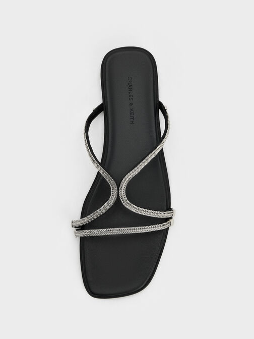 Satin Braided Strappy Sandals, Black Textured, hi-res