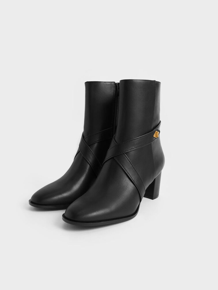 Black Metallic Accent Crossover Ankle Boots - CHARLES & KEITH ES