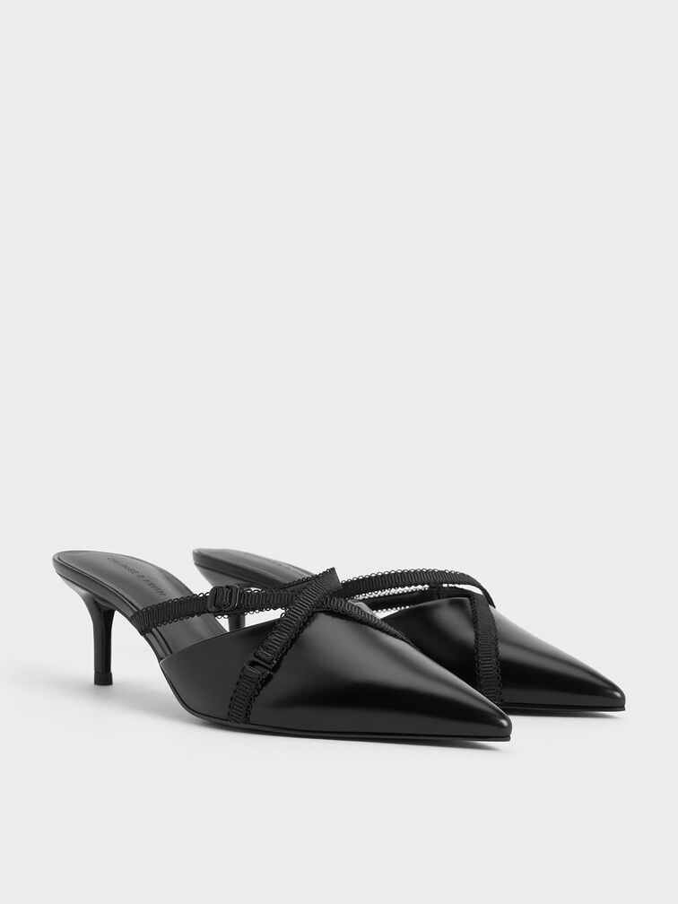 Black Grosgrain-Strap Pointed-Toe Mules - CHARLES & KEITH CZ