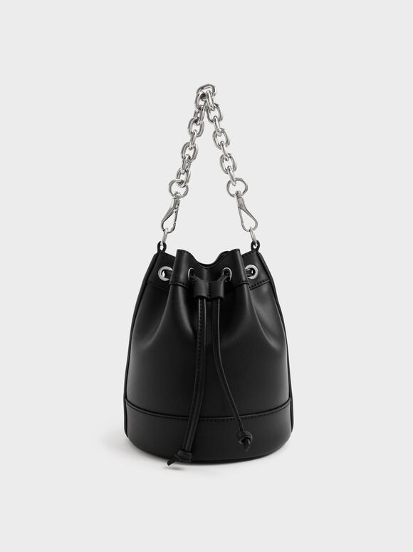 Zetta Drawstring Bucket Bag, Black, hi-res