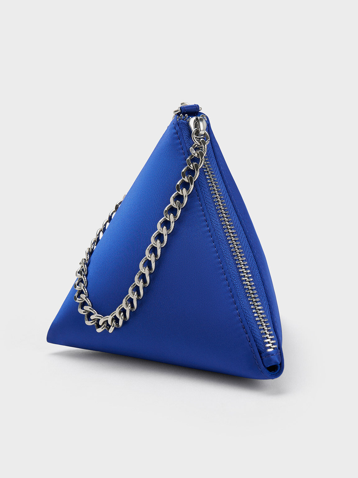 Chain Handle Satin Pyramid Clutch, Blue, hi-res