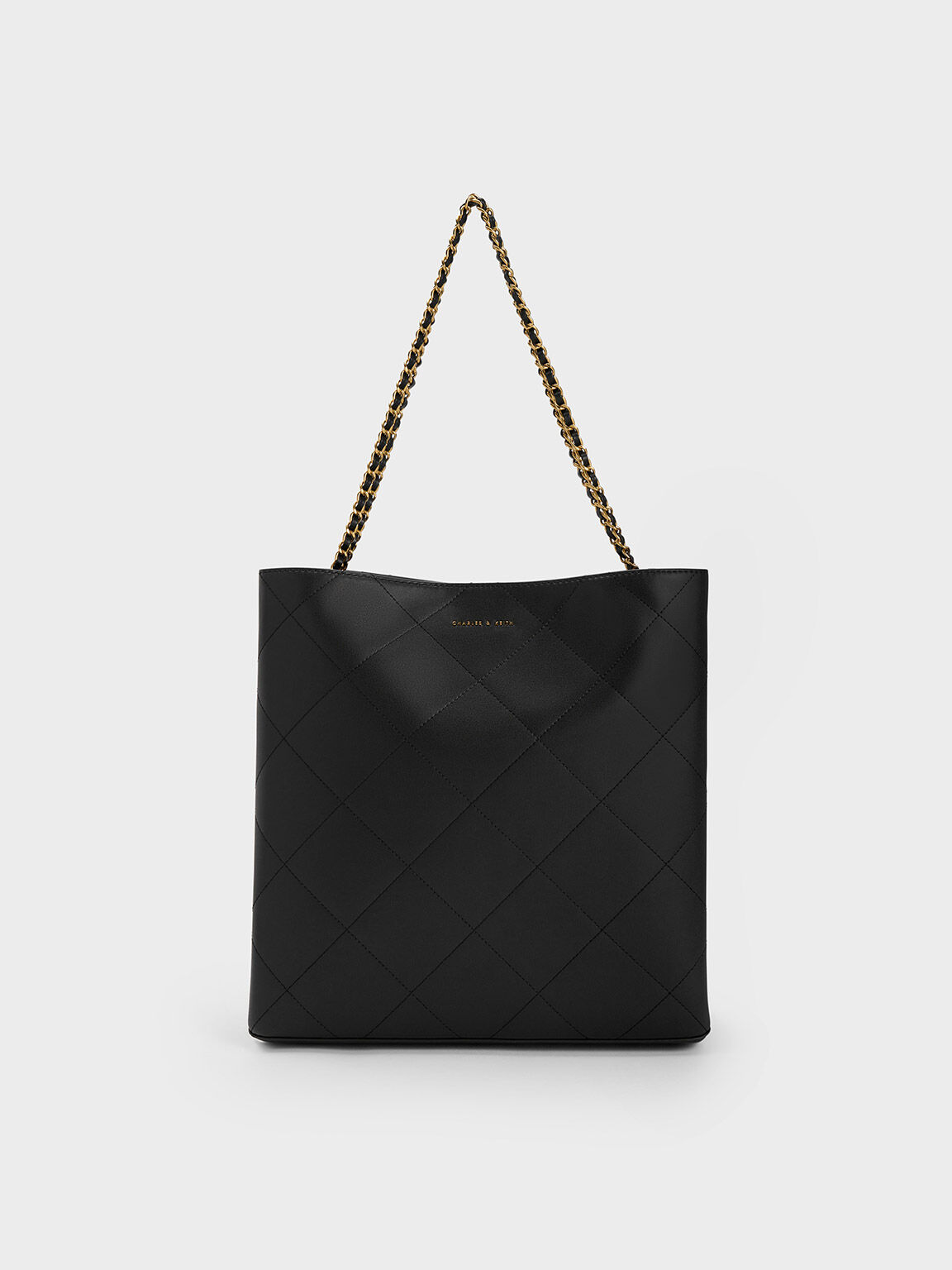 Braided Handle Quilted Tote Bag, Black, hi-res