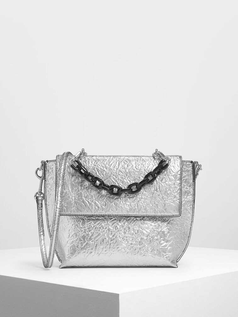 Single Chain Handle Bag, Silver, hi-res