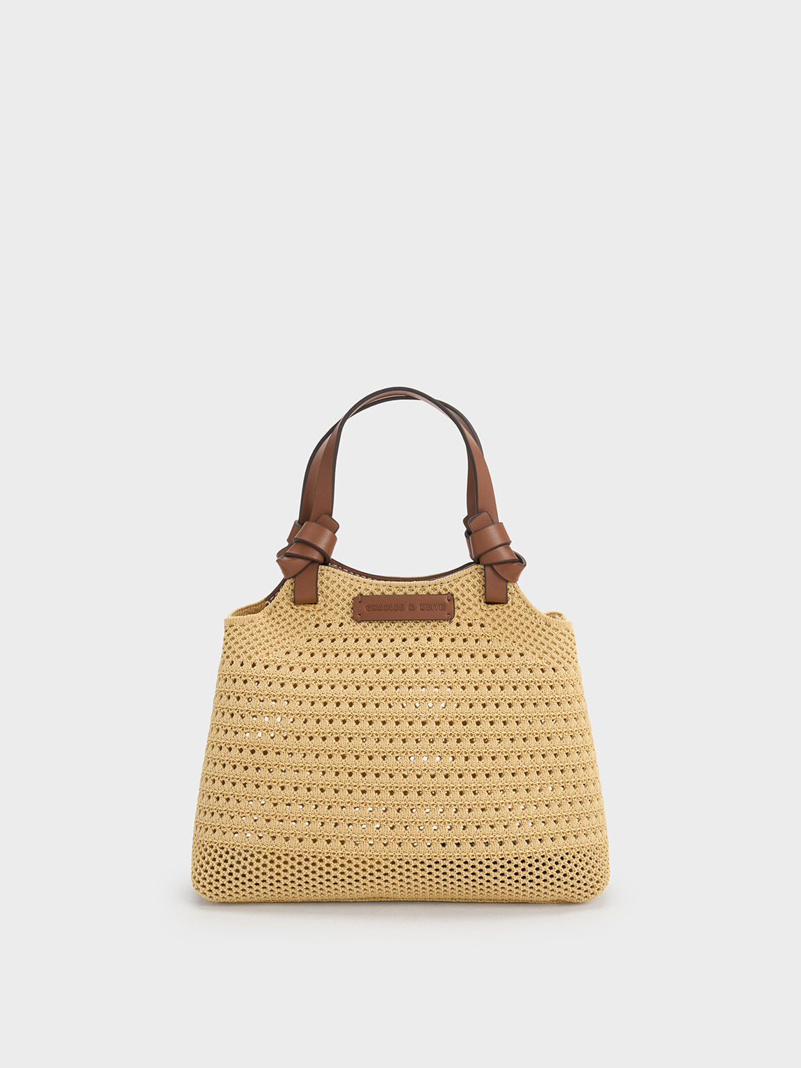 Knotted Handle Knitted Tote Bag, Beige, hi-res