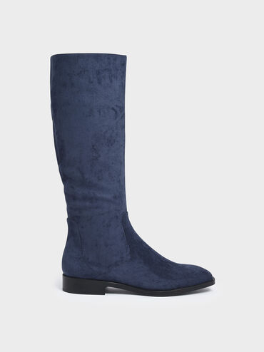 Textured Zip-Up Knee High Flat Boots, Blue, hi-res