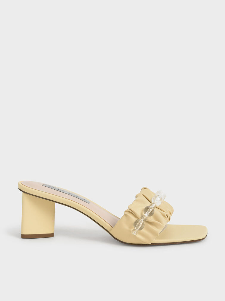 Beaded Ruched-Strap Satin Mules, Yellow, hi-res