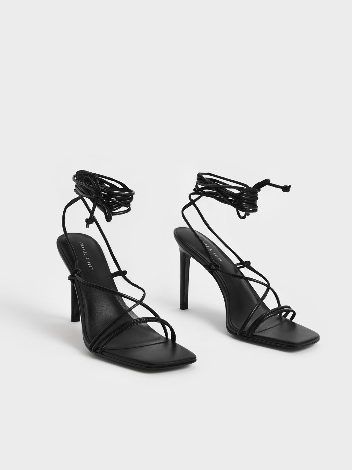 Strappy Tie-Around Stiletto Sandals, Black, hi-res