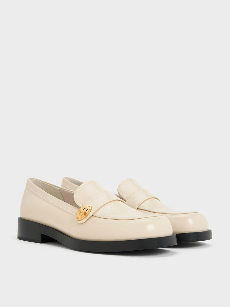 Metallic-Buckle Strap Loafers, Chalk, hi-res