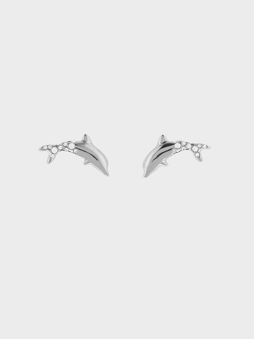 Clous d'oreilles dauphin perle et cristaux Oceana, Argent, hi-res