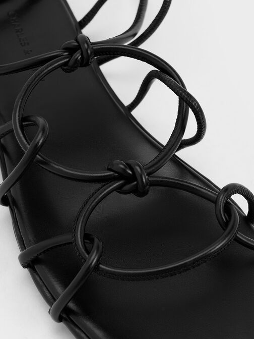 Strappy Knotted Tie-Around Sandals, Black, hi-res