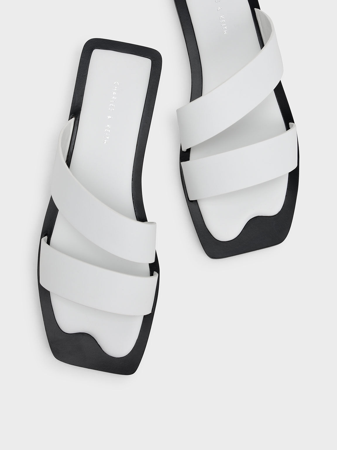 Asymmetric Strappy Slide Sandals, White, hi-res