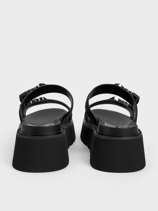 Laine Metallic-Buckle Flatform Sandals, Black, hi-res