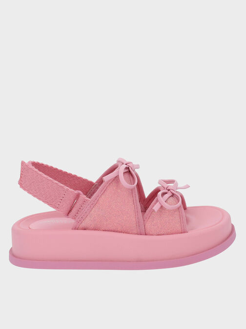 Girls' Glittered Double Bow Sandals, Pink, hi-res