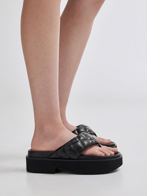 V-Strap Platform Thong Sandals, Black, hi-res