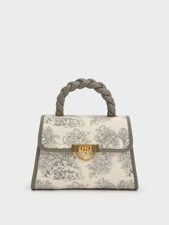 Lunar New Year Collection: Tiger Calligraphy Braided Handle Trapeze Bag, Taupe, hi-res