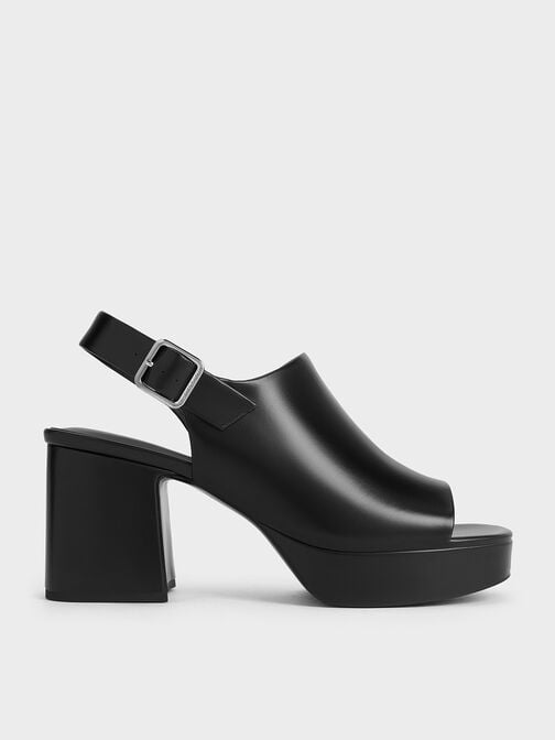 Peep-Toe Platform Sandals, Black, hi-res