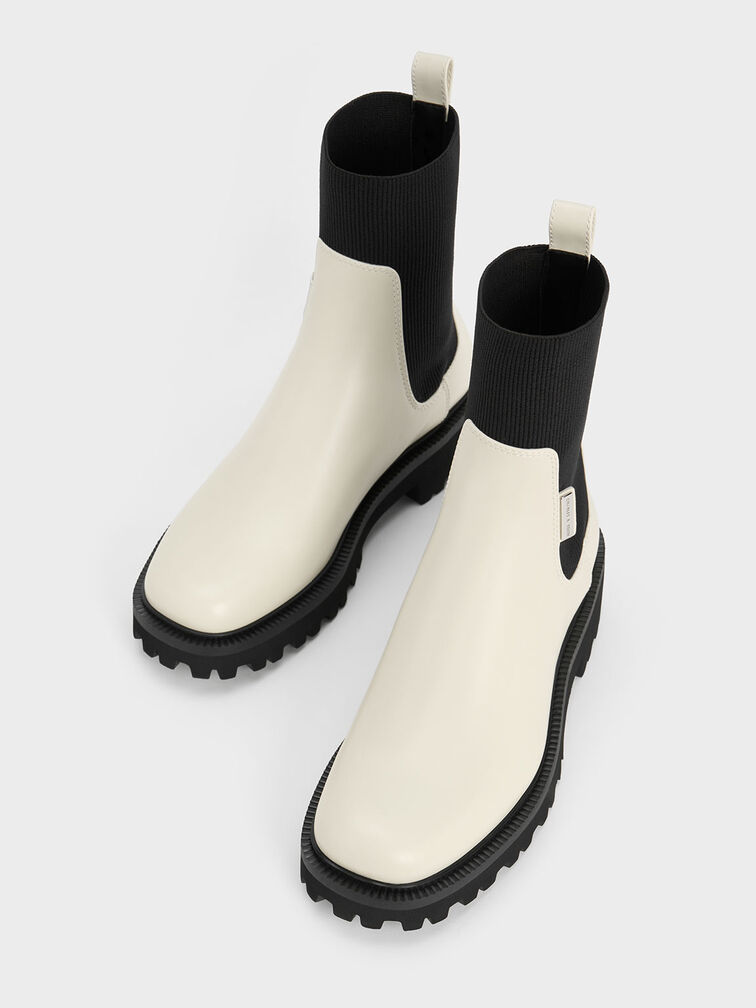 Botines Chelsea bicolor con suela estriada y caña tipo calcetín, Blanco tiza, hi-res