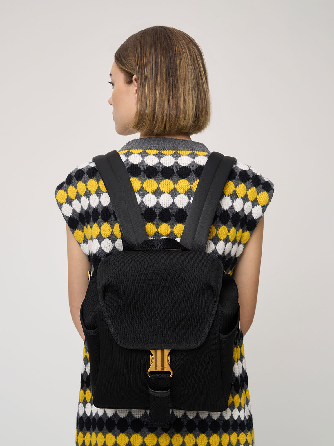 Knit & Nylon Metallic Buckle Backpack, Black, hi-res