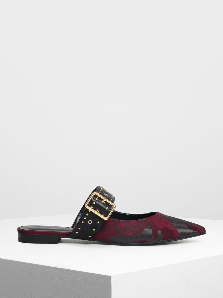 Studded Buckle Mules, Red, hi-res
