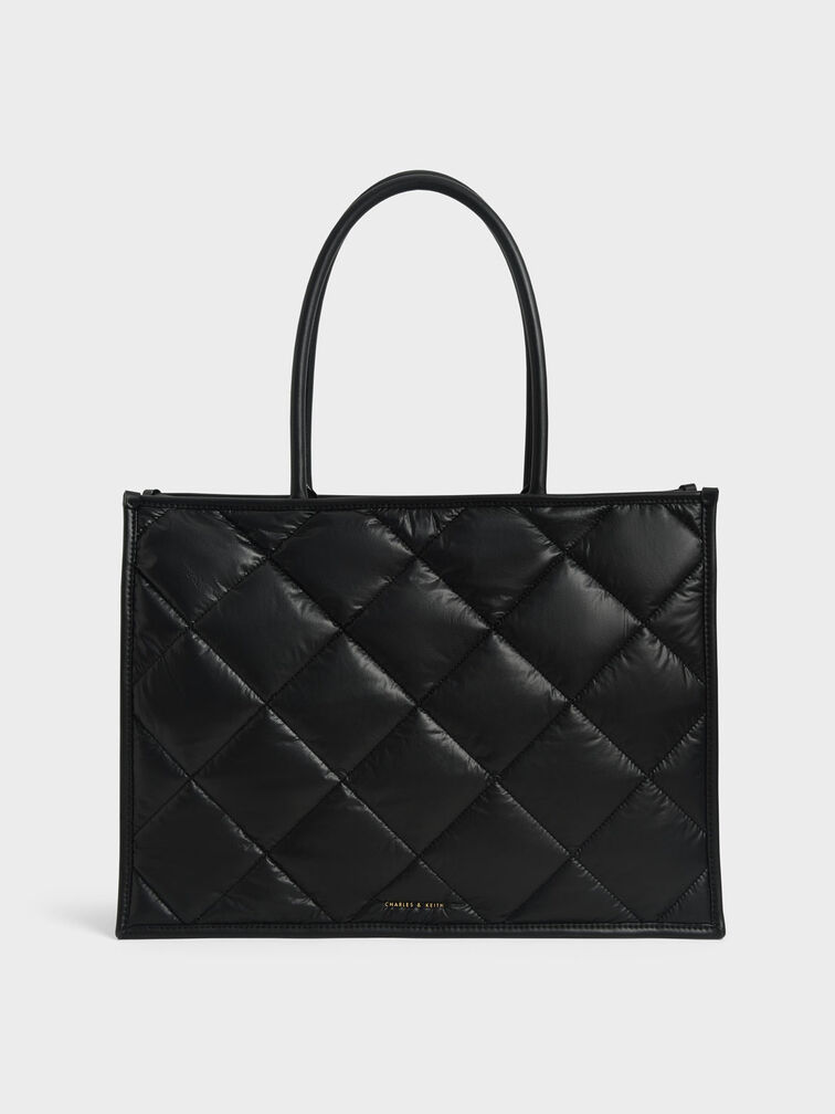 Double Handle Quilted Tote Bag, Black, hi-res