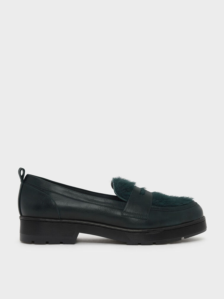 Furry Penny Loafers, Dark Green, hi-res