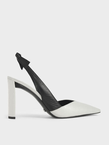 Leather Croc-Effect Bow-Slingback Heels, White, hi-res